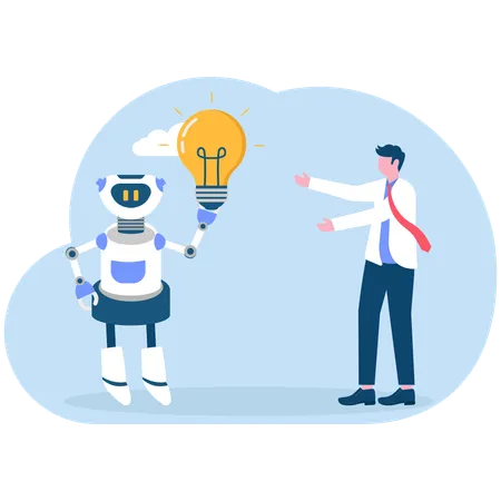 Robot with artificial intelligence give idea bulb to businessman  Illustration