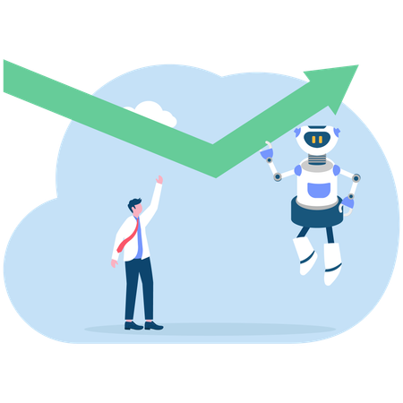 Robot with artificial intelligence pushing an arrow graph up  Illustration