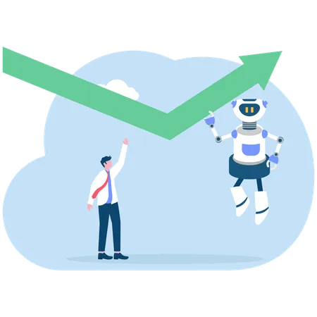 Robot with artificial intelligence pushing an arrow graph up  Illustration