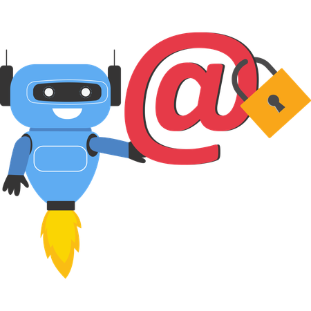 Robot with artificial intelligence with strong padlock security on email symbol  Illustration