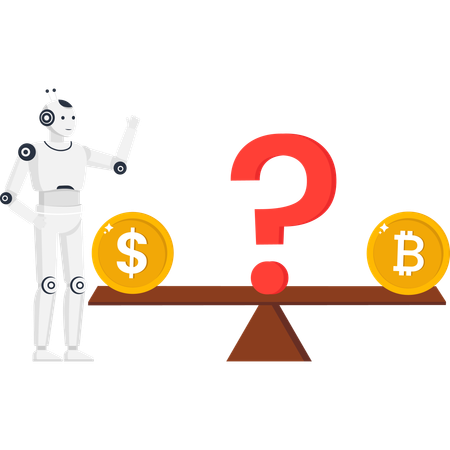 Robot with balance scale comparing Bitcoin and Dollar currency investment choice  Illustration