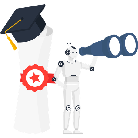 Robot with Binoculars and Diploma Graduation  Illustration