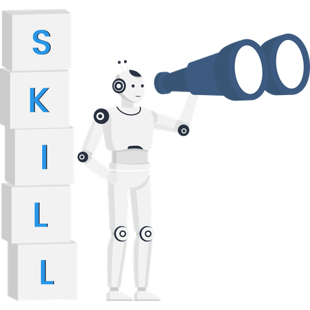 Robot with binoculars searching for skills  of AI talent acquisition and future technology  Illustration