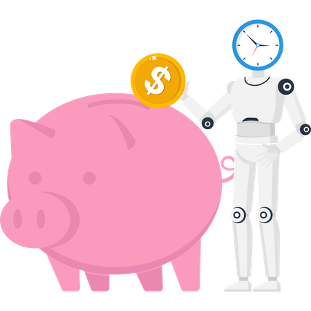 Robot with clock head putting dollar coin into pink piggy bank for automated savings and investment  Illustration
