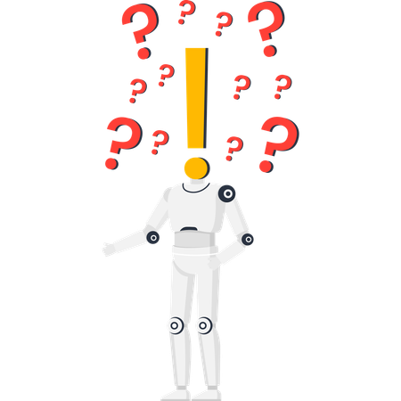 Robot with exclamation mark head finding solutionmong question marks concept of artificial intelligence  Illustration