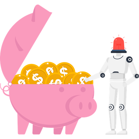 Robot with flashing alarm light stealing gold coin from pink piggy bank symbolizing financial risk and emergency  Illustration
