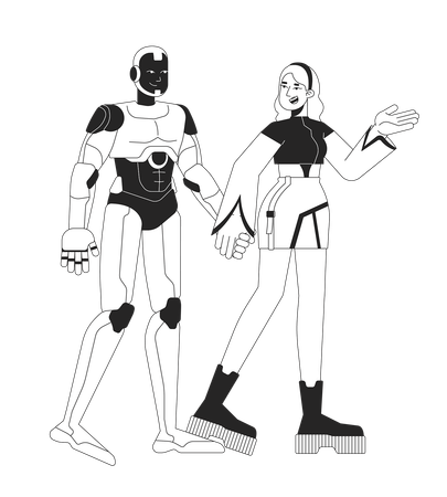 Robot with girl walking Illustration