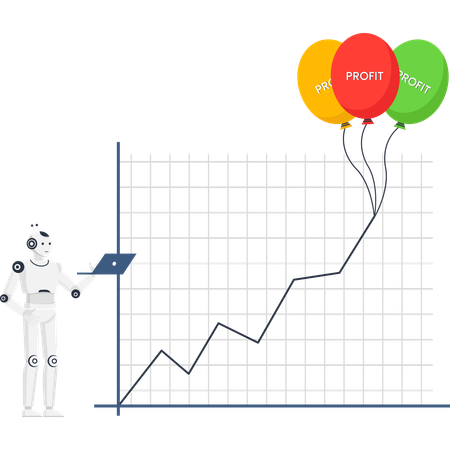 Robot with laptop analyzing profit growth chart with balloons symbolizing financial success and technology  Illustration