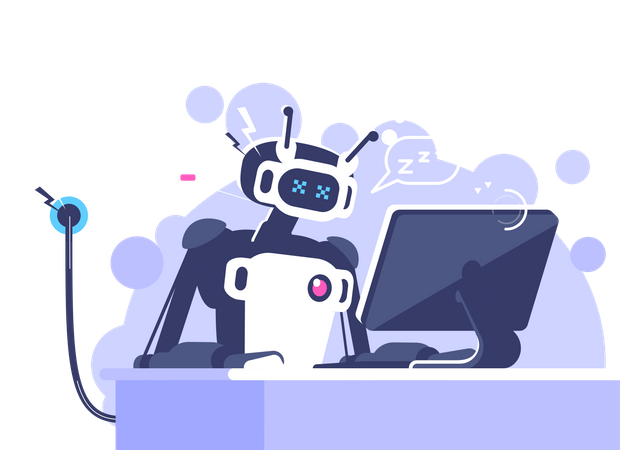 Robot With Low Energy Working On Laptop  Illustration