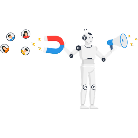 Robot with magnet and megaphone attracting customers for AI marketing and lead generation concept  Illustration