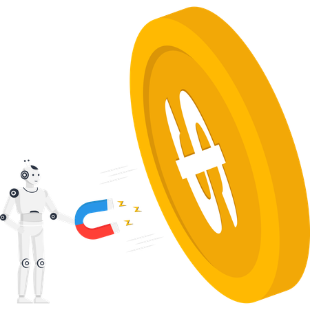 Robot with magnet attracting a large gold dollar coin for fintech investment and wealth  Illustration