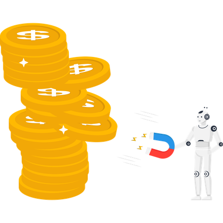 Robot with magnet attracting a large stack of gold dollar coins for FinTech investment and wealth generation  Illustration