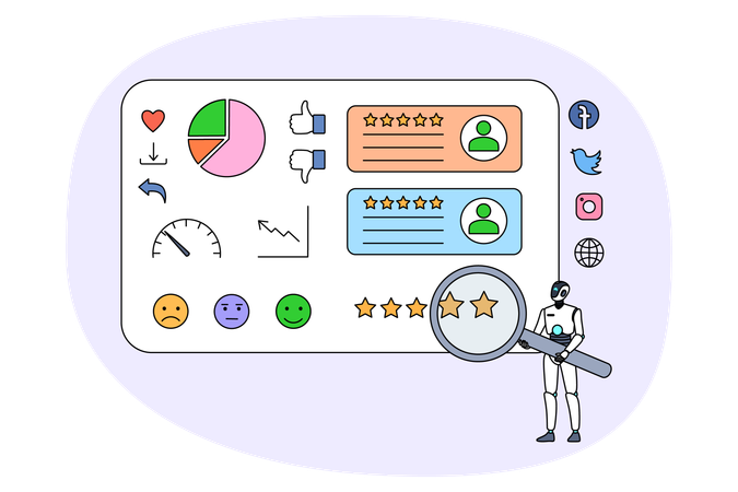 Robot with magnifying glass working for social media optimization  Illustration