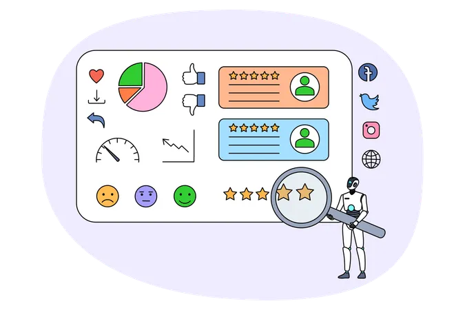 Robot with magnifying glass working for social media optimization  Illustration