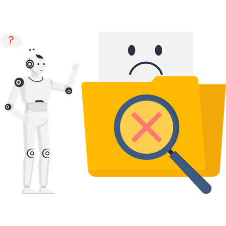 Robot with Question Mark and Error File  of AI Data Analysis Problem Solving  Illustration