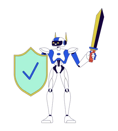 Robot With Shield And Sword 2 D Linear Cartoon Character Cybersecurity Humanoid Isolated Line Vector Personage White Background Cyber Protection Technology Color Flat Spot Illustration Illustration