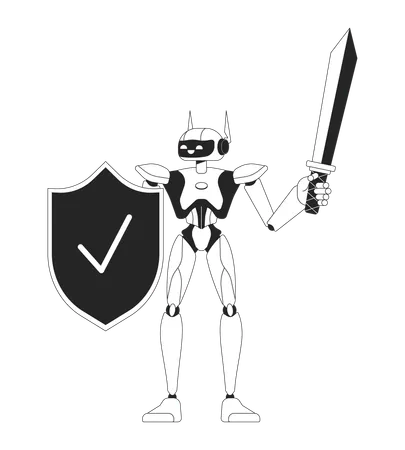 Robot With Shield And Sword Black And White 2 D Line Cartoon Character Cyber Security Humanoid Isolated Vector Outline Personage Cyber Protection Technology Monochromatic Flat Spot Illustration Illustration