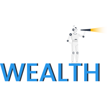 Robot with telescope on WEALTH word symbolizing financial technology  Illustration