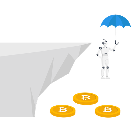 Robot with umbrella protecting Bitcoin coins at a cliff edge a  for cryptocurrency risk investment safety  Illustration