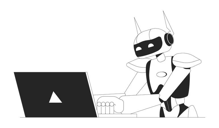 Artificial Intelligence At Laptop Black And White 2 D Line Cartoon Character Robot At Computer Isolated Line Vector Personage White Background Robotics Technology Monochromatic Flat Spot Illustration Illustration