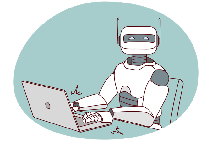 Robot working on laptop at desk  Illustration