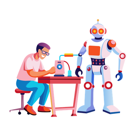 Robot working with engineer  Illustration