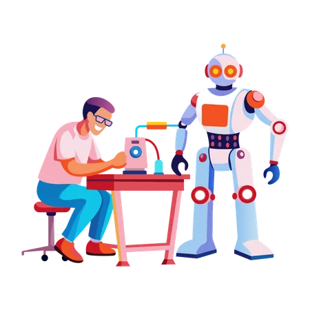 Robot working with engineer  Illustration