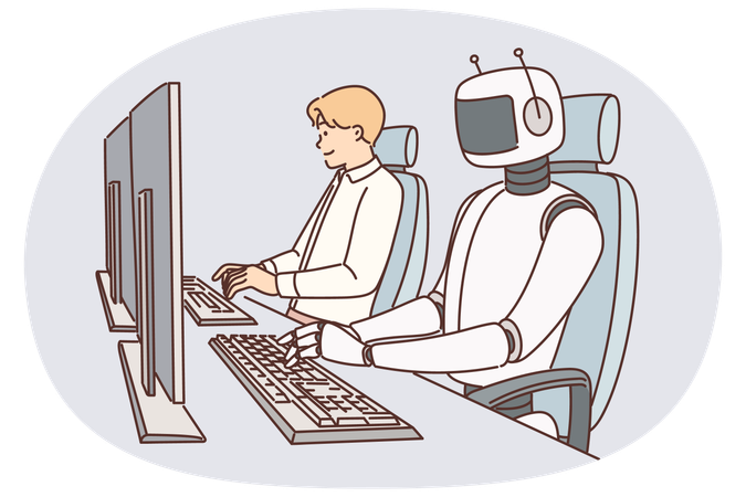 Robô trabalha em computador e entre pessoas para conceito que introduz inteligência artificial nos negócios  Ilustração