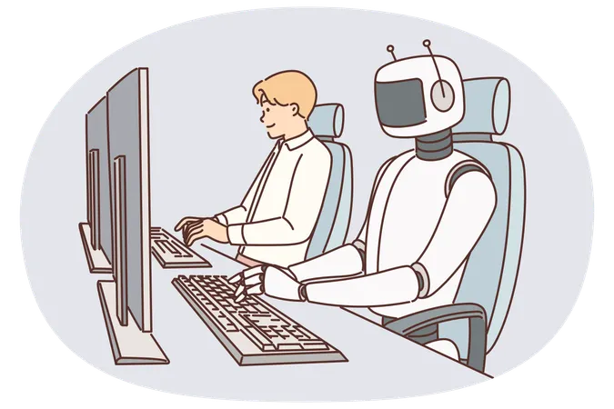 Robô trabalha em computador e entre pessoas para conceito que introduz inteligência artificial nos negócios  Ilustração