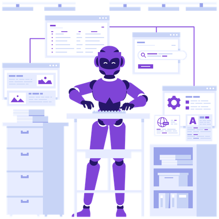 Robot works with search engine  Illustration