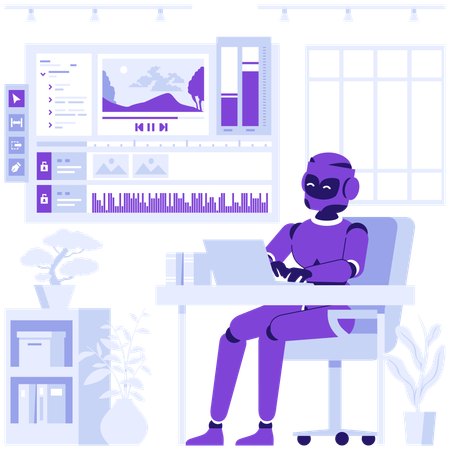 Robot works with video editor  Illustration