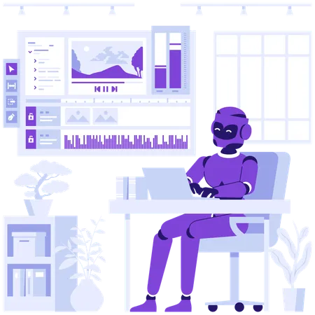 Robot works with video editor  Illustration