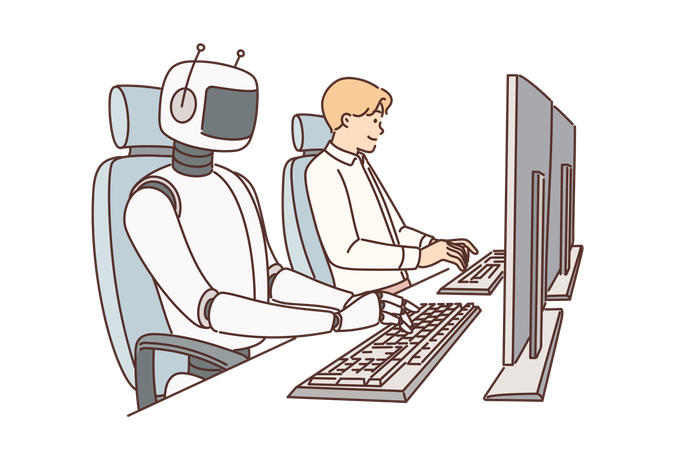 Robot y hombre trabajando juntos en la oficina  Ilustración