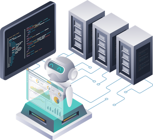 Roboter analysieren Daten auf Cloud-Servern  Illustration