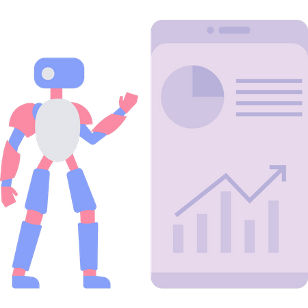 Roboter schaut sich Präsentation auf Mobilgerät an  Illustration