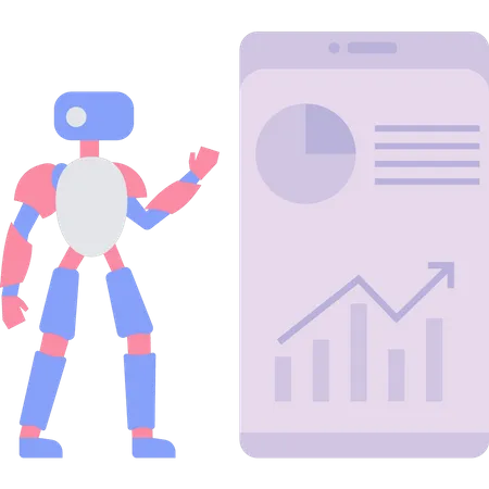 Roboter schaut sich Präsentation auf Mobilgerät an  Illustration