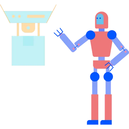 Roboter beobachtet Paketzustellung per Drohne  Illustration