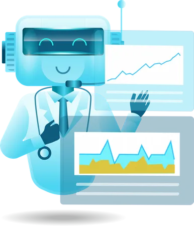 Roboter unterstützt Ärzte bei der Analyse von Patientendaten am Monitor  Illustration