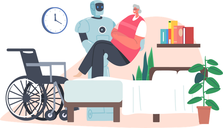 Roboter trägt behinderte Frau vom Rollstuhl ins Bett  Illustration