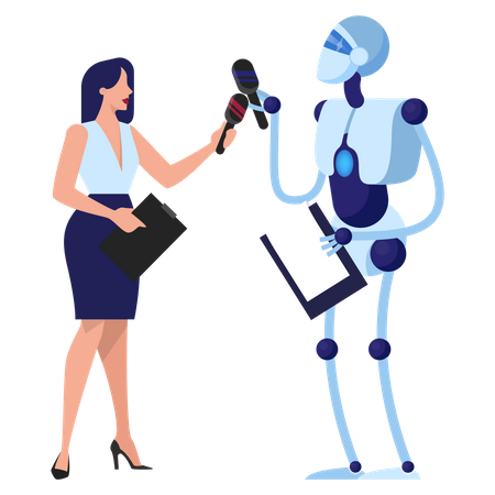 Roboter und Journalistin mit Mikrofon  Illustration