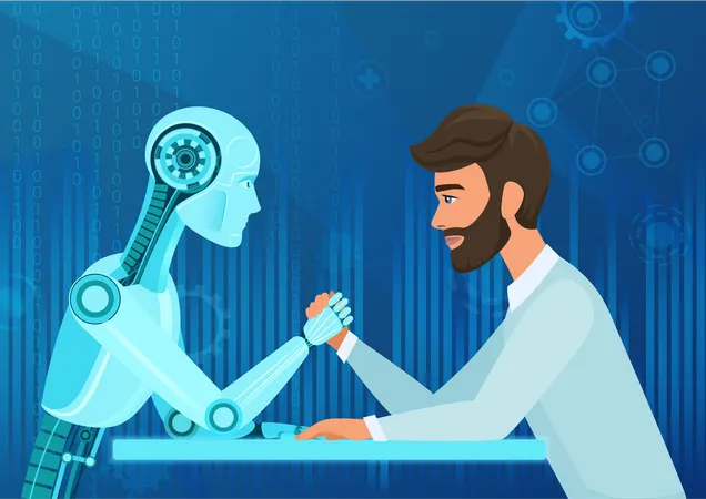 Roboter und Mann beim Handdrücken  Illustration