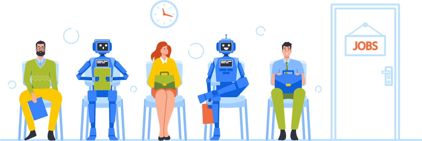 Roboter und Menschen warten auf ein Vorstellungsgespräch  Illustration