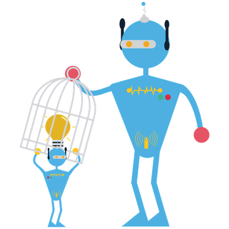 Roboter zieht Käfig mit KI-Idee  Illustration
