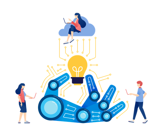 Roboterhand hält Lampe zur Ideenfindung  Illustration