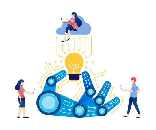 Roboterhand hält Lampe zur Ideenfindung  Illustration