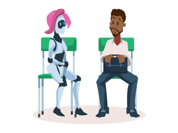 Robotermädchen auf Stuhl im Gespräch mit männlichem Mitarbeiter  Illustration