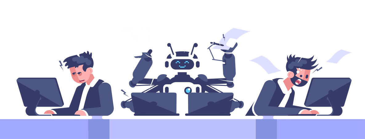 Robotic And Human Employees Working In Office  Illustration