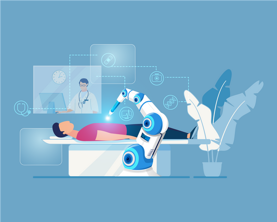 Robotic arm doing operation of human under doctor observation  Illustration