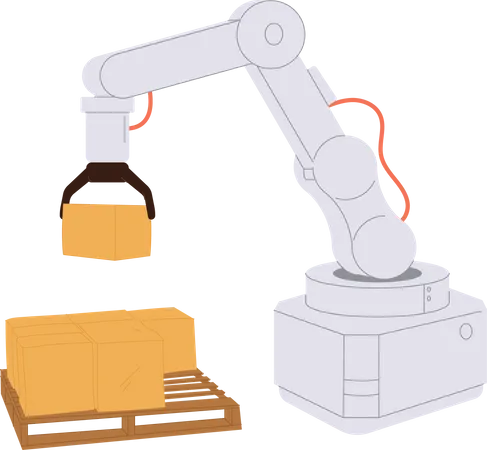 Robotic Arm Technical Device Loading Parcel Vector Illustration Cartoon Mechanical Hand Manipulator At Work Isolated On White Background Warehouse Automation Industrial Smart Postal Service 일러스트레이션
