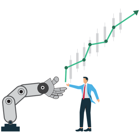 Robotic Arms and Human Hands Work Together to Support Upward Growing Arrow Chart  Illustration